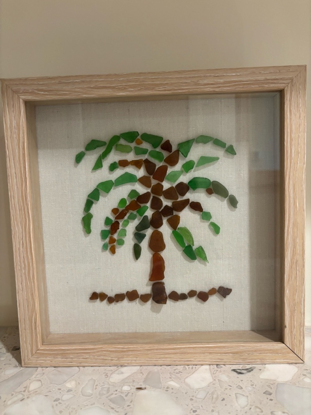 Framed Palm Tree Sea Glass Wall Art - Green and Brown 10” Square